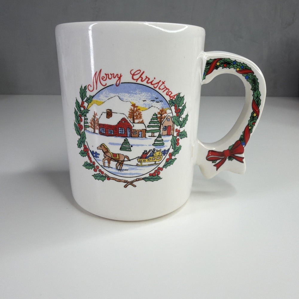 Interpur Christmas Mug Vintage Horse Sleigh Winter Scene Ribbon Handle